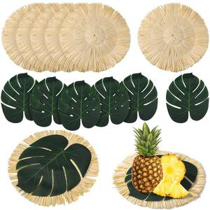 lot 9587 image: Sunnychicc 12pcs Luau Placemats and Palm Placemat, Round Luau Fringe Place Mats Tropical Palm Leaf Place Mats Bulk Summer Hawaiian Plate Chargers Table Placemats Tropical Party Supplies