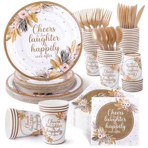 lot 9590 image: 350 Pcs Boho Bridal Shower Paper Plates Napkins Cups Disposable Tableware Sets With Knives Forks Spoons Cheers to Love Bridal Shower Party Favors for 50 Guests Wedding Engagement Decorations (boho)