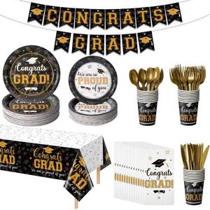 lot 9601 image: Graduation Party Supplies Congrats Grad Plates and Napkins Set Disposable Paper Plates Napkins Tablecloth Banner Cup Knive Spoon Fork for Class of 2025 Graduation Party Decorations Serve50(Black Gold)