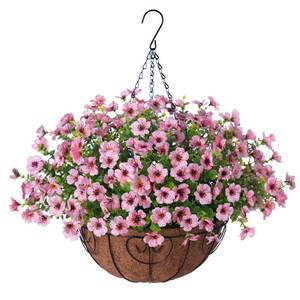 lot 9604 image: Ammyoo Artificial Flowers Hanging Basket for Outdoor Indoor Spring Summer Decor,Fake Silk Colorful Daisy Eucalyptus in 12 Metal Coconut Lining Flowerpot Arrangement for Home Patio Yard Decor(Pink)
