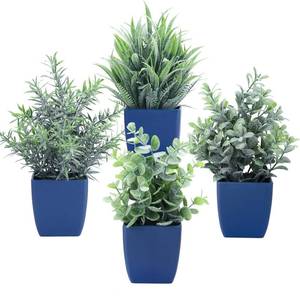 lot 9616 image: summer flower Set of 4 Fake Plants in Pot Small Artificial Eucalyptus Potted Plant Mini Wheat Grass Ferns Faux Greenery for Home Indoor Office Table Bathroom Farmhouse Decorations Blue