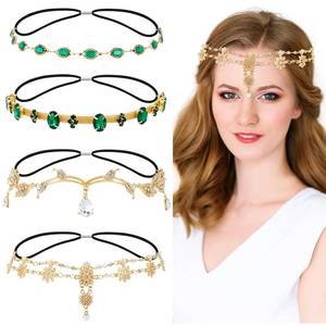 lot 10002 image: Dizila 4 Pieces Crystal Rhinestone Gems Jewelry Head Chains Boho Headbands Forehead Chains with Rubber Bands Prom Party Accessories Headpieces for Women Girls