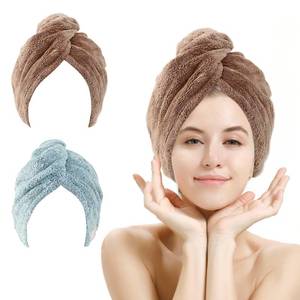 lot 10011 image: M-bestl 2 Pack Hair Drying Towels, Hair Wrap Towels,Absorbent Microfiber Hair Towel Turban with Button Design to Dry Hair Quickly(Star Green&Camel)