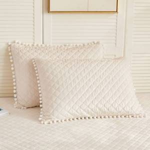 lot 10041 image: LIFEREVO 2 Pack Diamond Quilted Velvet Bed Pillowcases, Pom Poms Fringe Decorative Throw Pillow Shams Set of 2, Soft Bed Pillow Cases Zipper Closure for Teens Girls Bedroom (Beige, StandardQueen)