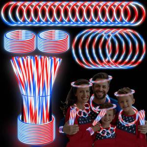 lot 10046 image: 100 PCS 4th of July Glow Sticks Bulk with Connectors, Red White Blue 3 Colors In 1 Glow in The Dark Stick, Light Up Bracelets & Necklaces for Kids & Adults, Party Favor Supplies For Independence Day