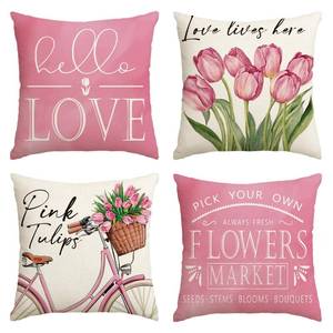 lot 10057 image: AVOIN colorlife Hello Love Pink Tulips Bicycle Throw Pillow Covers, 18 x 18 Inch Flowers Spring Mothers Day Cushion Case for Sofa Couch Set of 4