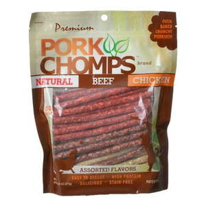 lot 10064 image: Scott Pet Products Premium Pork Chomps Dog Chews - Dog Treats in Assorted Flavors (Pork  Beef  and Chicken)  50 Pack of No-Hide Dog Chews  13.25 Oz