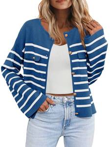 lot 10068 image: Saodimallsu Womens Striped Button Down Cardigan Sweaters Long Sleeve Crew Neck Trendy Knit Sweater Jacket Blue (L)