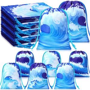 lot 10470 image: Capoda 16 Pcs Ocean Waves Gift Bags Bulk Summer Sea Drawstring Pouch Blue Beach Pool Reusable Treat Candy Favor Goodie Bags for Swimming Birthday Party Decoration Shower Supplies