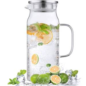 lot 11407 image: 2 Liter 68 oz Glass Pitcher with Lid and Spout, Bivvclaz Glass Carafe for HotCold Water, Large Iced Tea Pitcher for Coffee, Juice and Homemade Beverage