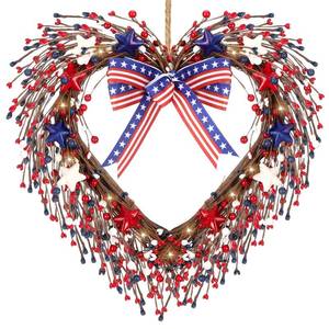 lot 11413 image: Yuefunny 4th of July Wreaths for Front Door Lighted Up Patriotic Heart Red White Blue Pip Berry Star Wreath 12 Inch with String Light Independence Veterans Day for Indoor Outdoor Window Decorations