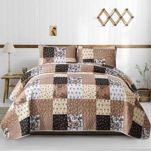 lot 11414 image: Mybedsoul Brown Patchwork Quilt Set California King Size,3 Pieces Khaki Floral Plaid Reversible Bedspread Coverlet Set for All Season,Summer Soft Microfiber Bedding Set 96x 106