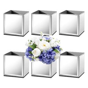 lot 11448 image: blingworld Set of 6 Mirrored Square Glass Vases 4 x4 x4, Silver Flower Vases for Centerpieces, Square Glass Cube Vase Candle Holder for Wedding, Party, Home Office Decoration