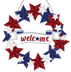 lot 12199 image: 4th of July Patriotic Wreath - Independence Day Wooden Red White and Blue Door Sign - Welcome Wreath for Front Door Memorial Day Decorations Party Supplies