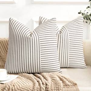 lot 12258 image: Farmhouse Pillow Covers 20x20, Modern Accent Square Throw Pillow Covers Set of 2, Black and Beige Striped Patchwork Linen Decorative Pillows Cushion Covers for Couch Chair Bedroom Fall Decorations