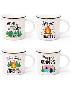 lot 13025 image: Nefelibata Camping Coffee Mug Set of 4 Happy Campers Campfire Tea Cups for Coffee, Tea, Milk Travel Ceramic Mug Camping Lover Holiday Gifts