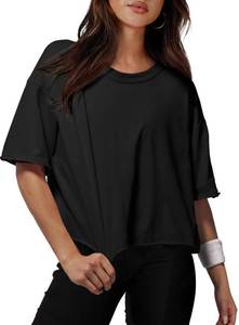 lot 14036 image: Summer Tops for Women Short Sleeve Round Neck Cotton Shirts Basic Workout Sports Crop Tops Black L