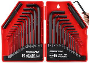 lot 14041 image: SEDY 32-Piece Hex Key Wrench Set, Metric and SAE Allen Wrenches (0.028-38 inch, 0.7-10 mm) L Shape Allen Keys, Chrome Vanadium Steelwith 2x Extension Handle