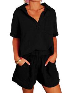 lot 14044 image: Dokotoo Two Piece Outfits Set for Women Summer Trendy Daily Tracksuit Ladies Solid V Neck Short Sleeve Shirts Matching Lounge Sets Comfy Casual Elastic High Waist Shorts with Pockets Black XXL