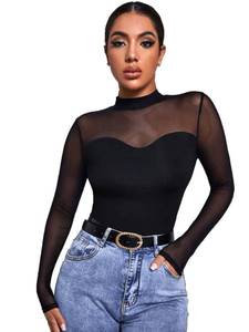 lot 14050 image: SweatyRocks Womens Mock Neck Long Sleeve Mesh Insert Elegant Blouse Tops Mesh Plain Black XL