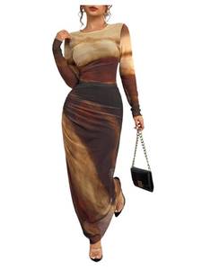 lot 14070 image: BEAUDRM Womens Y2K Bodycon Maxi Dress Sexy Ruched Long Sleeve Mesh Fall Formal Going Out Cocktail Date Wedding Guest Dresses Ginger Large