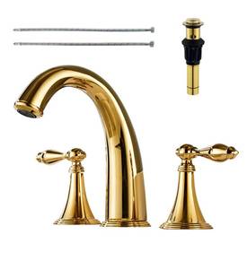 lot 1599 image: SaniteModar Polished Gold Bathroom Sink Faucet, Brass Widespread Faucet, 3 Hole, 2 Handles with Water Supply Lines and Pop-up Drain