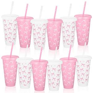 lot 1637 image: Pickmesh 12 Pcs 24 oz Plastic Cups with Lids and Straws Bulk Gift Reusable Coffee Cups Coffee Tumbler Decoration Birthday Wedding Baby Shower Party Supply (Pink Bow)