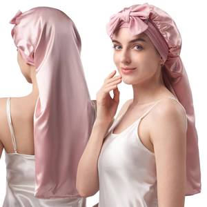 lot 2044 image: YFONG 22 Momme 100% Mulberry Silk Bonnet for Sleeping Women Long Hair, Double-Layered Silk Hair Bonnet with Elastic Tie Band, Extra Long Sleep Cap for Braids Curly Hair Care, 1Pc, Pink