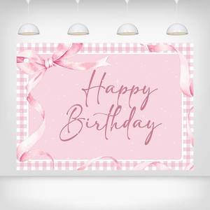 lot 2061 image: Printspree Coquette Pink Bow Happy Birthday Backdrop 7x5ft - Elegant Pink Gingham with Ribbon Glitter and Script Design Birthday Party Decoration Photography Background for Baby Shower Kids and Adults