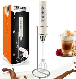 lot 2069 image: YUSWKO Beige Handheld Milk Frother Wand with Stand for Coffee, Rechargeable Electric Whisk with 3 Heads 3 Speeds Drink Mixer Coffee Frother For Latte, Cappuccino, Hot Chocolate, Egg