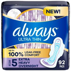 lot 2090 image: Always Ultra Thin Feminine Pads with Wings for Women, Size 5, Extra Heavy Overnight Absorbency, Unscented, Up to 100% Leak-Free Comfort, 92 Count