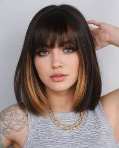 lot 2133 image: YYHR BLunt Cut Bob Wig With Bangs 12 Peek-a-boo Brown Mix Honey Blonde Yaki Straight Hair Daily Costume Wig Soft Light Synthetic Hair Replacement Wigs(12 Inch, S427)