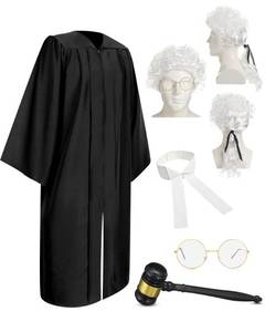 lot 2135 image: Hillban 5 Pcs Judge Costume Accessory Judge Robe False Collar Wooden Gavel Wig and Glasses for Halloween Cosplay(Adult,White Wig)