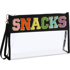 lot 2144 image: Remerry Clear Chenille Letter Makeup Bag Stand up Snack Bags Preppy Cosmetic Pouch Expandable Clear Travel with Wrist Strap Zipper Portable Multipurpose PVC Nylon for Women Travel(Black,Snack)