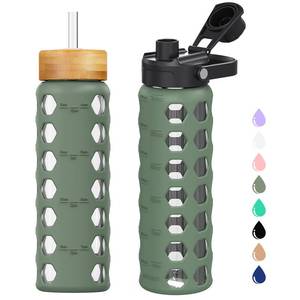lot 2159 image: MUKOKO Glass Water Bottles, 24oz Glass Tumbler with Straw, Drinking Bottles with 2 Lids-Handle Spout Lid&Bamboo Straw Lid, Motivational Water Bottle with Time Marker and Silicone Sleeve, 1 Pack-Olive