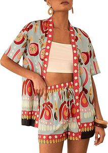 lot 2190 image: TUREAU Women Boho Tropical Print Beach Cover Up Shorts Set 2 Piece Summer Lounge Outfit Lightweight Swimwear Matching Outfit, Red L