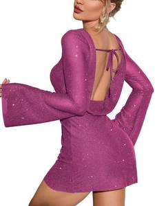 lot 2197 image: EYNMIN Womens Sparkly Sequin Backless Tie Mini Dress Long Sleeve Glitter Bodycon Party Club Dresses Hot Pink S