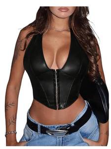 lot 2209 image: Floerns Womens Y2K PU Leather Halter Neck Hook Eye Backless Asymmetrical Party Crop Tank Top Black Large