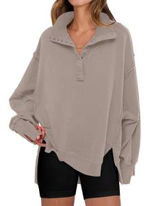 lot 5361 image: ANRABESS Womens Sweatshirts Oversized Casual Loose Button Up Henley Pullover Top High Low Split 2025 Fall Fashion Outfits Khaki Large
