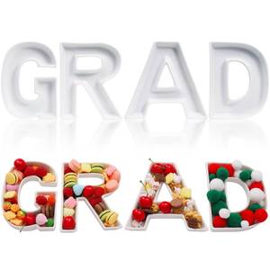 lot 5370 image: 4 Pcs Grad Graduation Charcuterie Letter Trays Fillable Ceramic Serving Trays for Graduation Ceremony Food Candy Snacks Serving Boxes Perfect for Party Treat Displays(White) Check Size Before Purchase
