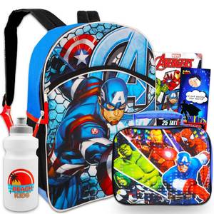 lot 5381 image: Marvel Captain America Backpack & Lunchbox For Boys - Bundle with 16 Captain America Backpack, Avengers Lunchbox, Tattoos, & More  Avenger School Bag