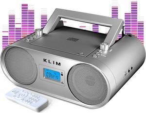 lot 5398 image: KLIM Boombox B4 CD Player Portable Audio System  AMFM Radio with CD Player, MP3, Bluetooth, AUX, USB  Wired & Wireless Mode, Rechargeable Battery  Remote Control, Autosleep, Digital EQ  New