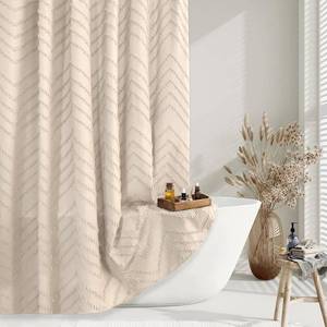 lot 6014 image: TURKIO Beige Boho Shower Curtain 72 x 72 Modern Farmhouse Shower Curtain Bohemian Chic Tufted Chevron Textured Striped Minimalist Shower Curtains Woven Fabric Beige Shower Curtains