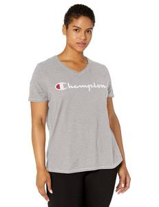 lot 6019 image: Champion womens Plus Jersey V-neck Tee, Script Logo T Shirt, Oxford Gray-y07245, 1X US