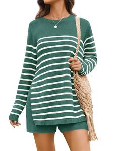 lot 10113 image: NENONA Womens Striped Spring Summer Sweater Sets 2 Piece Beach Vacation Outfits Long Sleeve Casual Knit Tops & Shorts Loungewear,Sage,L (3pk)