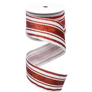 lot 10129 image: Valentines Day Wired Ribbon, 2.5 10 Yards Red White Stripe Glitter Burlap Decorative Ribbons Wired Edge Wrapping Ribbon for Home Decor, Gift Wrapping, Tree Topper Bow, Wreath, Wedding, DIY Crafts (2pk)