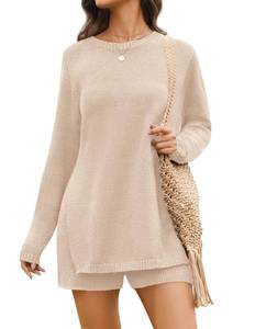 lot 10130 image: NENONA Womens Spring Summer 2 Piece Outfits Long Sleeve Tunic Sweater & Shorts Knit Lounge Sets Beach Vacation Casual Clothes,Beige,L (3pk)