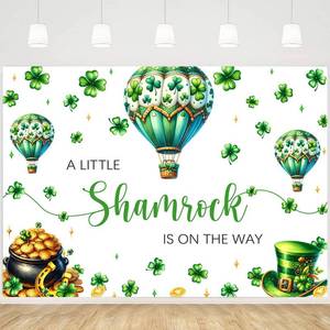 lot 10135 image: MEHOFOND St.Patricks Day Baby Shower Backdrop Green Shamrock Girl Baby Shower Banner Background Up and Away Hot Air Balloon St.Patricks Day Party Supplies Photo Booth Props 7x5ft