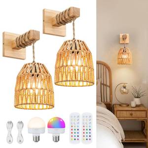 lot 11461 image: Glitnous Wall Sconces Set of Two Battery Operated, Rattan Boho Wall Sconce, Rechargeable Woven Lantern Wireless LightLamp for Bedroom Home Decor