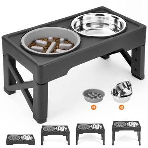 lot 11479 image: Elevated Dog Bowls with Slow Feeder, 4 Adjustable Heights Raised Dog Bowl Stand with Two 1.3L Stainless Steel Food & Water Bowls, Adjusts to 2.8��, 8.6��, 10.2��, 11.8�� for Large Medium, Small Dog & Cats